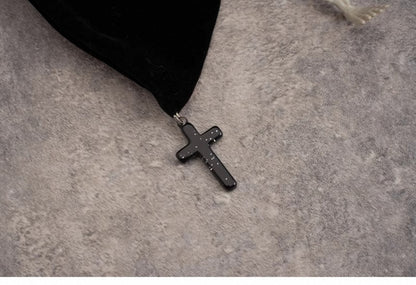 Handmade Skeleton Gothic Black Velvet Big Bow Hairclip with Crosses