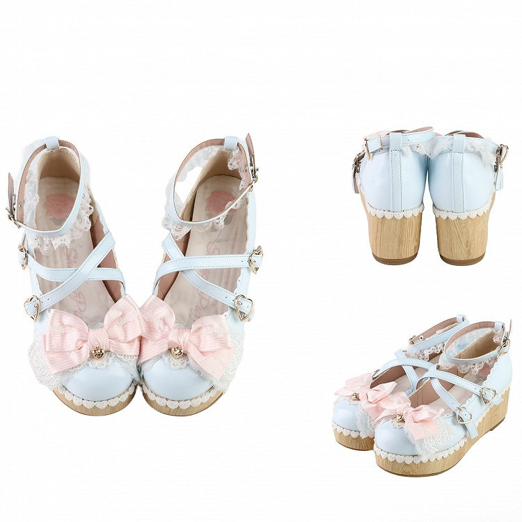 Blue Bow at Top Crisscross Design Heart Buckles Lace Trim Platforms