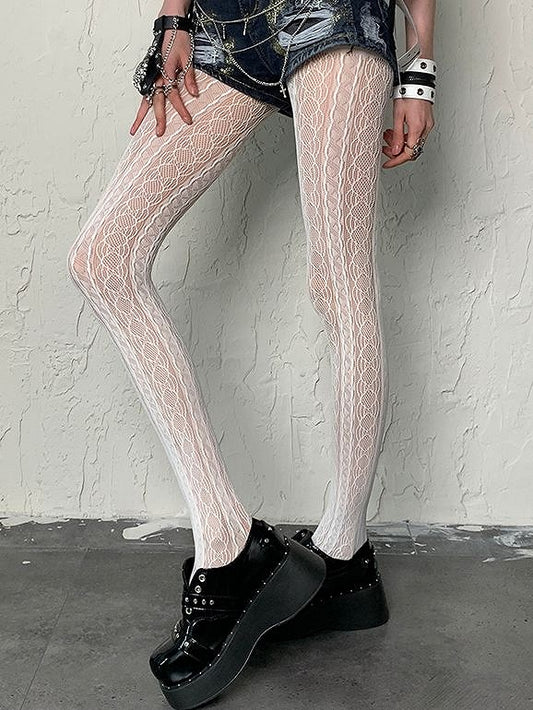 Gyaru Fashion White Wasteland Punk Hollow-out Design Y2K Tights