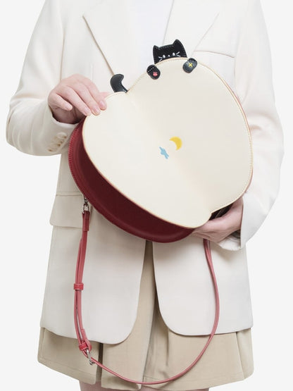 Playful 2-Way Red Apple Flip Backpack With Moon & Star Core And Cat Embroidery