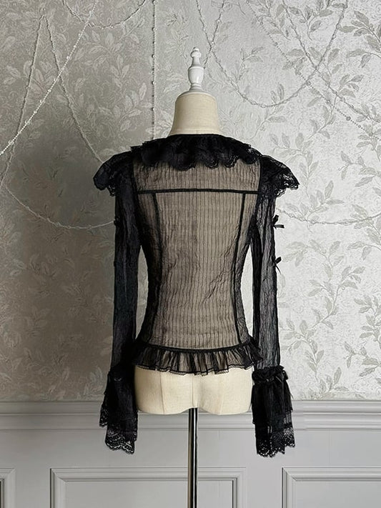 Black Semi-sheer Bowknots Long Sleeves Blouse
