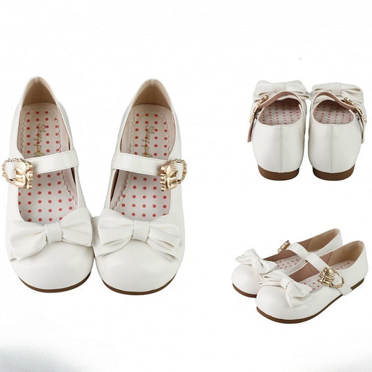White Bow at Top Sweet Lolita Flats with Hugging Bear Heart Buckles