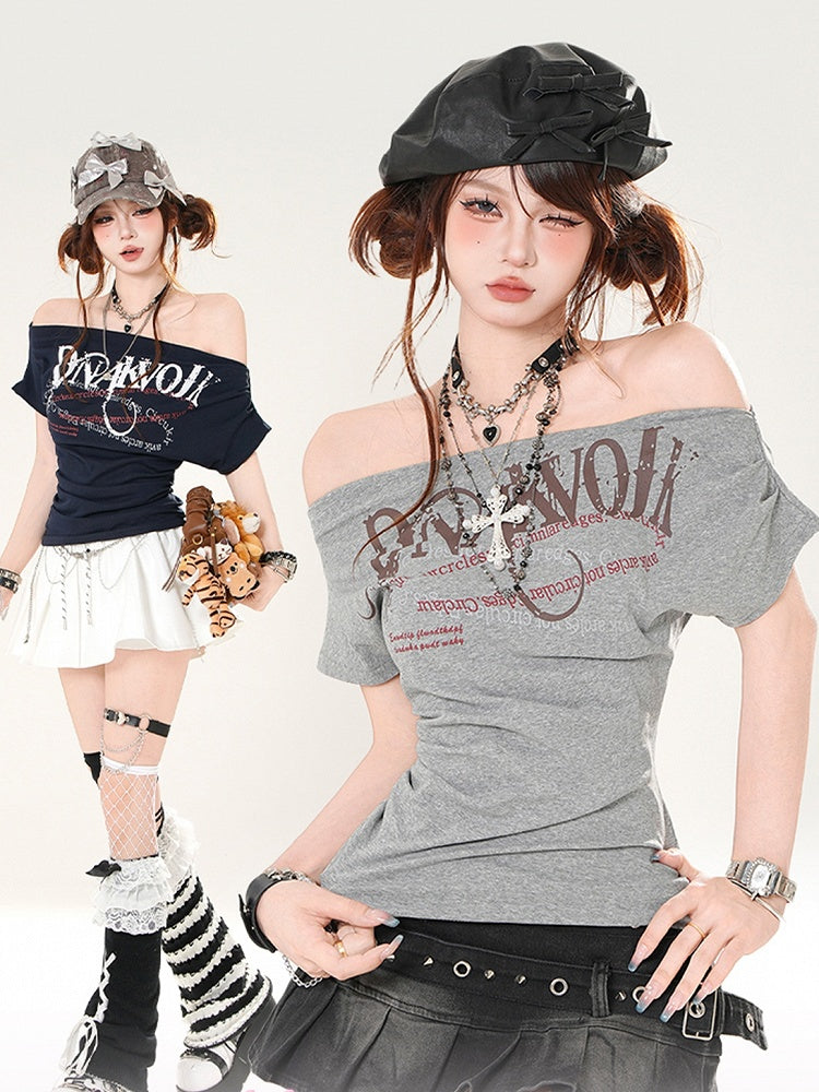 Off-the-shoulder Neckline Letter Print Gray/Navy Blue Slim-fitting T-shirt