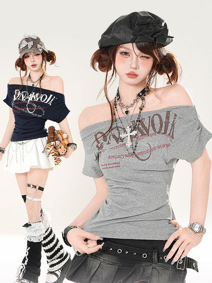 Off-the-shoulder Neckline Letter Print Gray/Navy Blue Slim-fitting T-shirt
