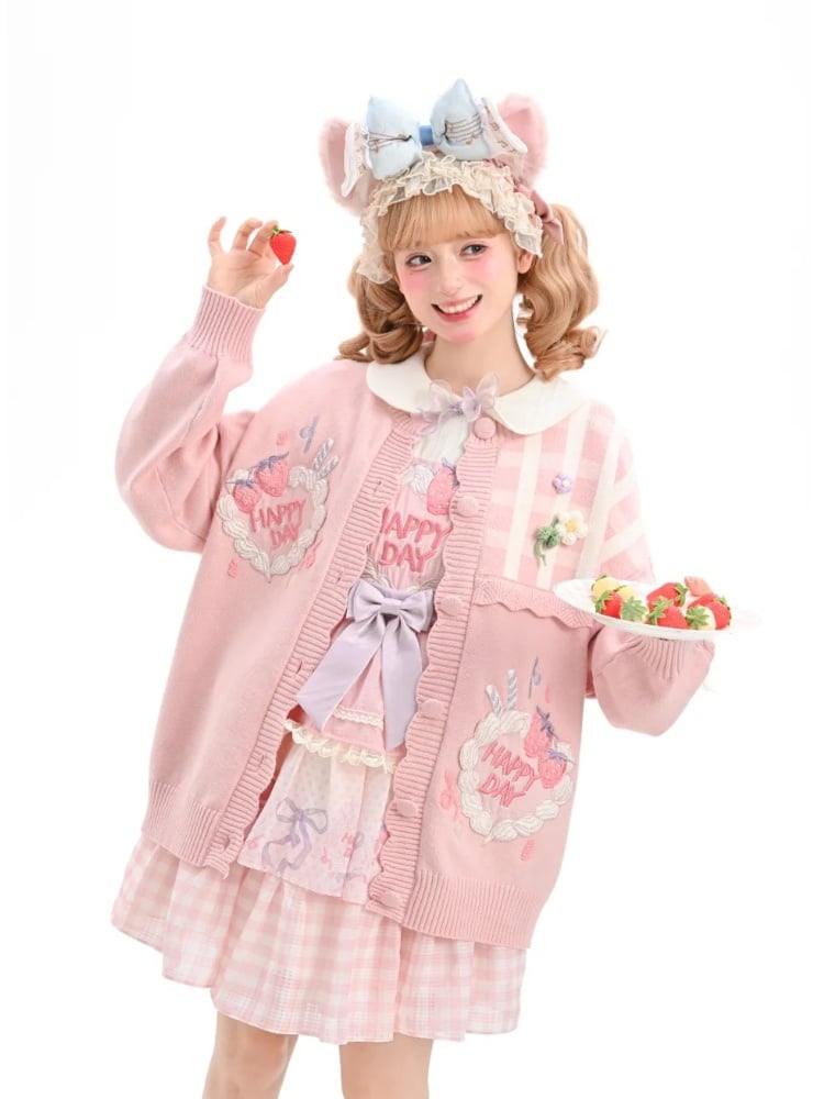 Pink Peter Pan Collar Strawberry Cake Embroidery Tiered Skirt Sweet Lolita Dress