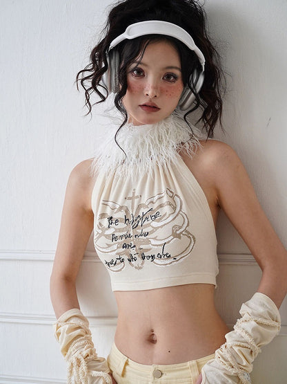 Letters Print Beige Top with Detachable Plush Collar