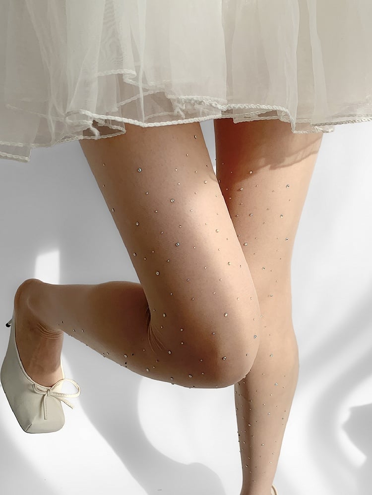 White&Black/All White Rhinestone Decorated Tights