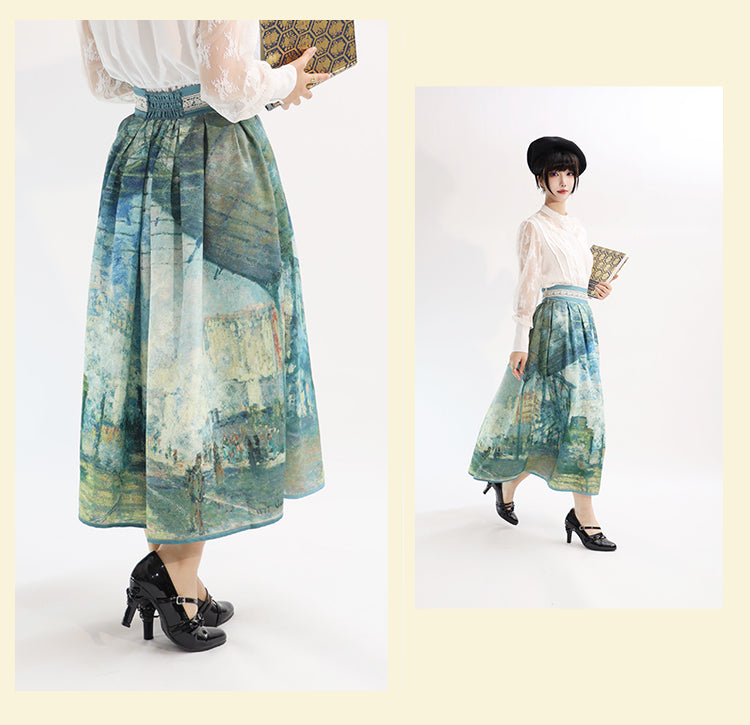 Gare Saint-Lazare Oil Painting Print Green High Waist Skirt Long/Short Version