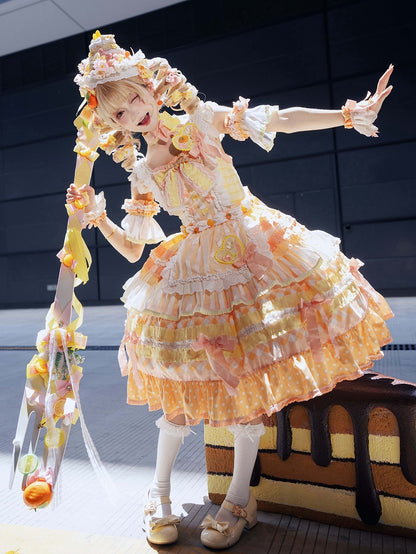 Orange Persimmon Cake Bow Accents Tiered Skirt Sweet Lolita Dress