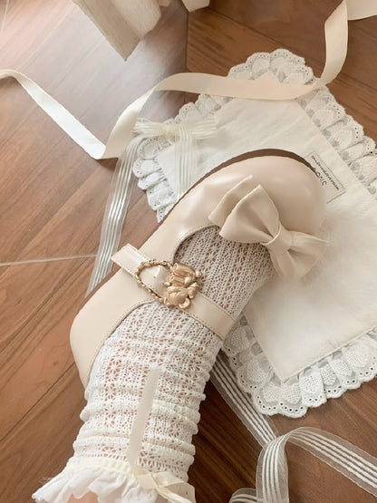 Beige Bow at Top Sweet Lolita Flats with Hugging Bear Heart Buckles