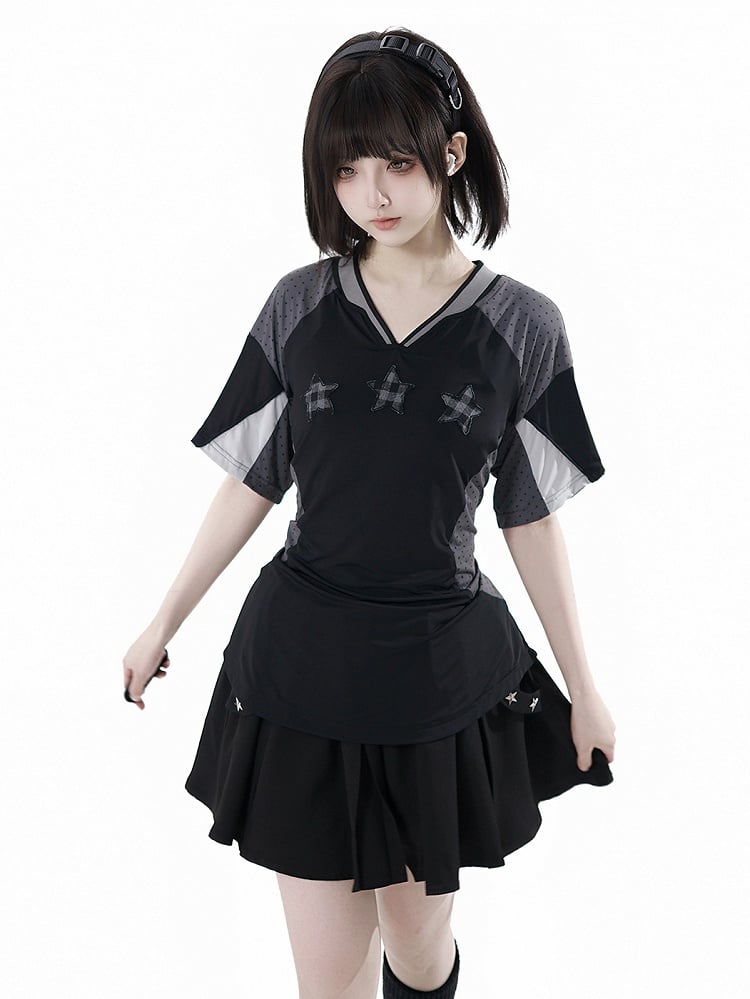 Black/Gray Colorblock Design Plaid Star Appliques V-neck Sports T-shirt