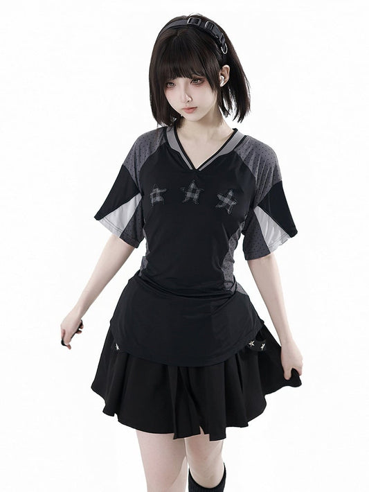 Black/Gray Colorblock Design Plaid Star Appliques V-neck Sports T-shirt