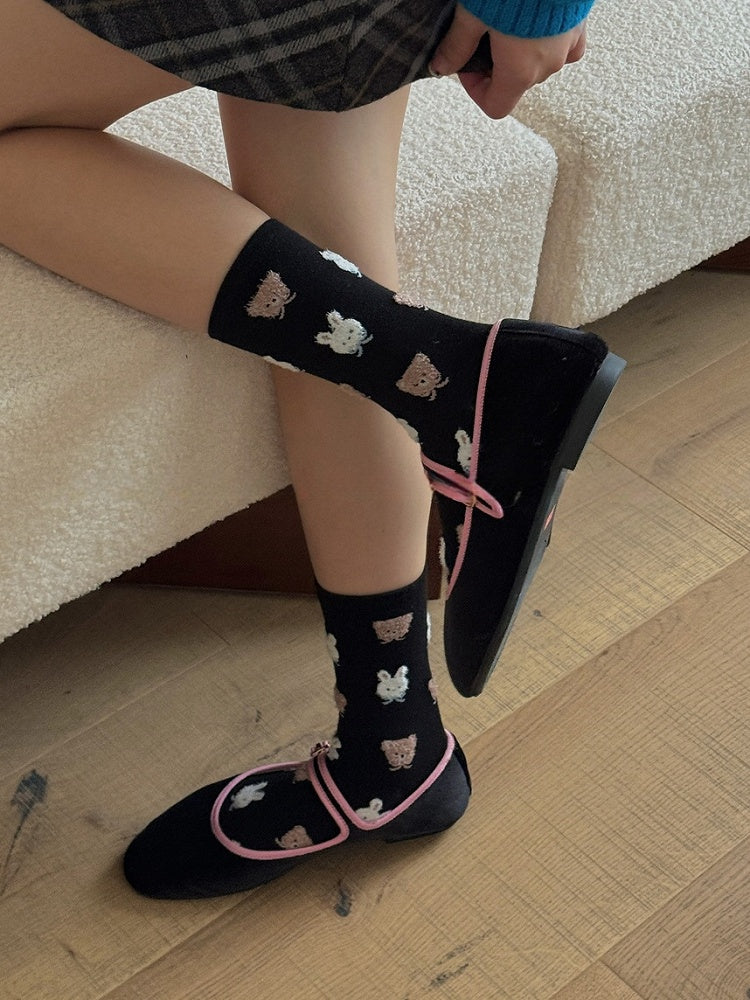 Milk White/Light Pink/Light Coffee/Black Sweet Bunny Bear Bowknot Calf Socks