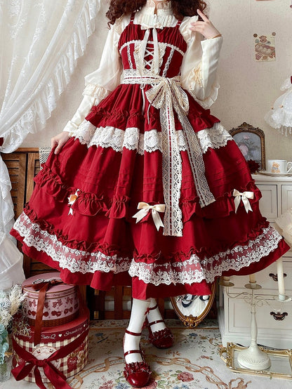 Red Adjustable Straps Pink House Style Dress Ruffle Skirt Lolita Jumper Skirt