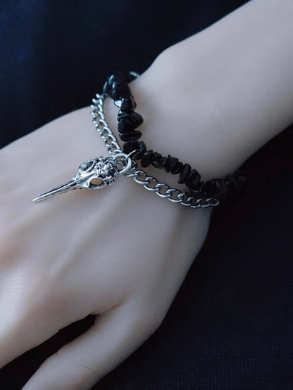 Silver&Black Gothic Bird Bone Charm Crushed Stone Bracelet
