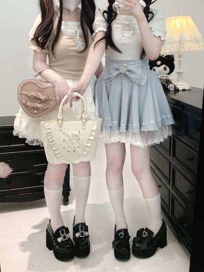 Jirai Kei Lace Trim Beaded Heart Decorated Big Bow Lace-up Back Black/Light Blue Skirt