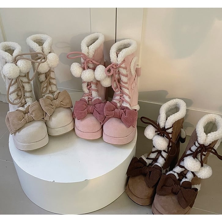 6cm/8.5cm Platform Pink Sweet Style Winter Boots with Heart Patches & Bow Accents