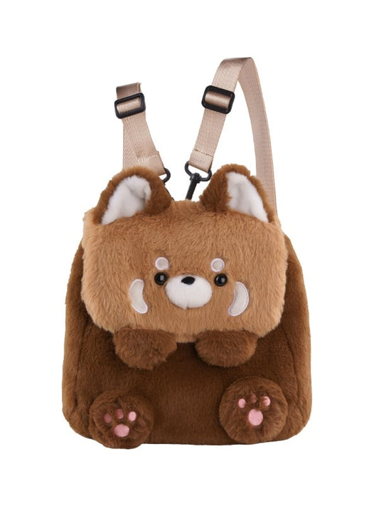 Brown Red Panda-shaped Plush Fold-over Flap Backpack Bag Middle/Large Size