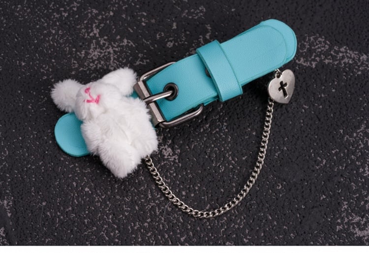 Handmade Plush Bunny Blue PU Buckle Hairclip with Chain