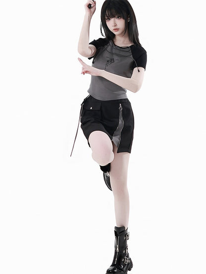 Black and Gray Snap and Zipper Detail Techwear Skirt