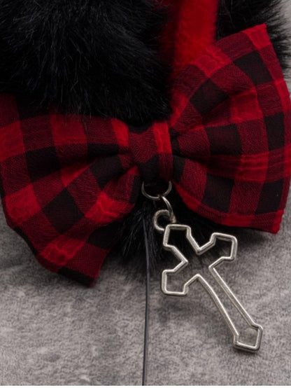 Black And Red Plaid Pattern Bowknot With Cross Charm Cat Ear Design KC