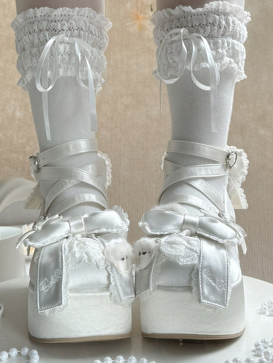 Satin White Sweet Lolita Platform Mary Janes - Plush Bear Ears, Bow Accents & Crisscross Straps