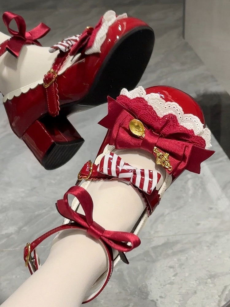 Wine Red Spoon Decorated Bowknot Details Sweet Lolita High Block Heels