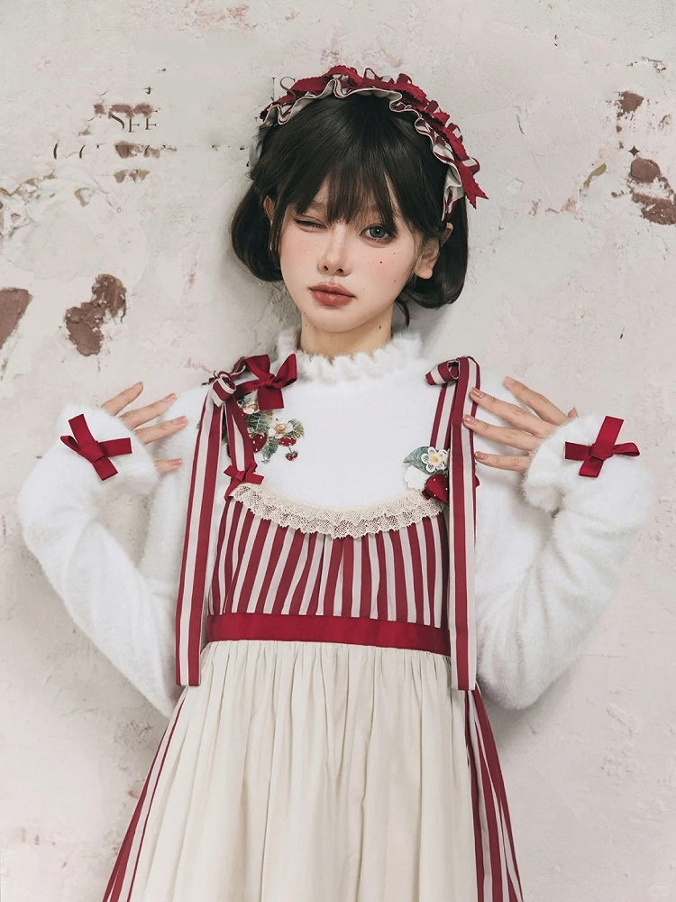 Strawberry Embroidery Neckline Bowknot on Cuffs White Autumn Knit Top