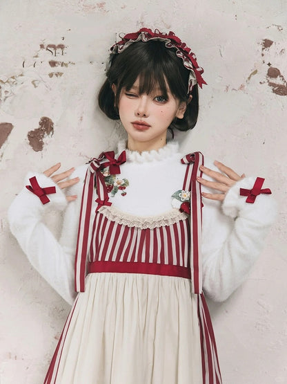 Strawberry Embroidery Neckline Bowknot on Cuffs White Autumn Knit Top