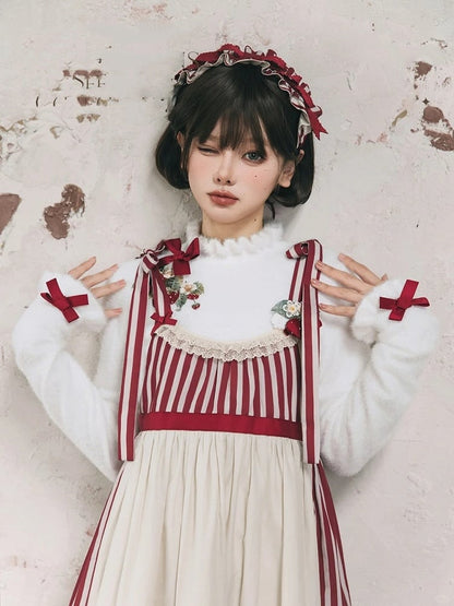 Strawberry Embroidery Neckline Bowknot on Cuffs White Autumn Knit Top