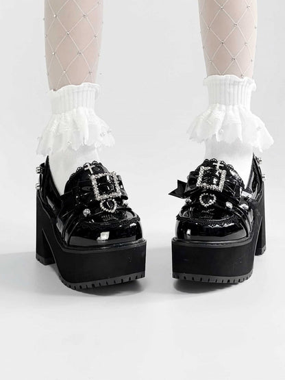 Polished Black Jirai Kei Rhinestone Decorated Bow at Top Lace Trim Platform High Block Heels Slipons