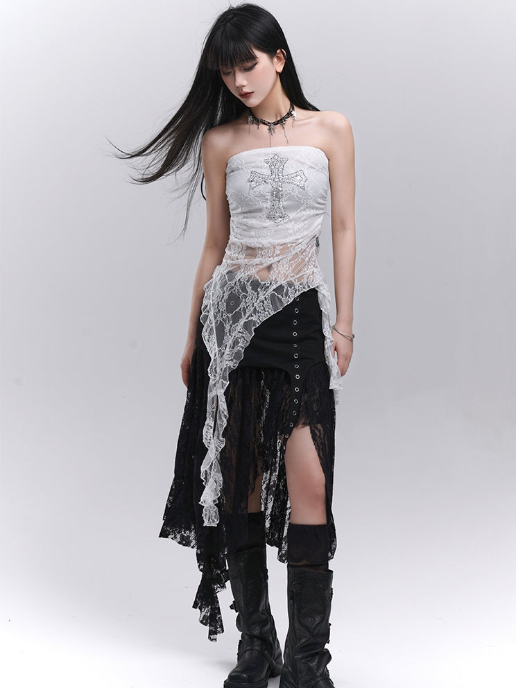 Black Elastic Waist Asymmetrical Hem Side Slit Lace Skirt