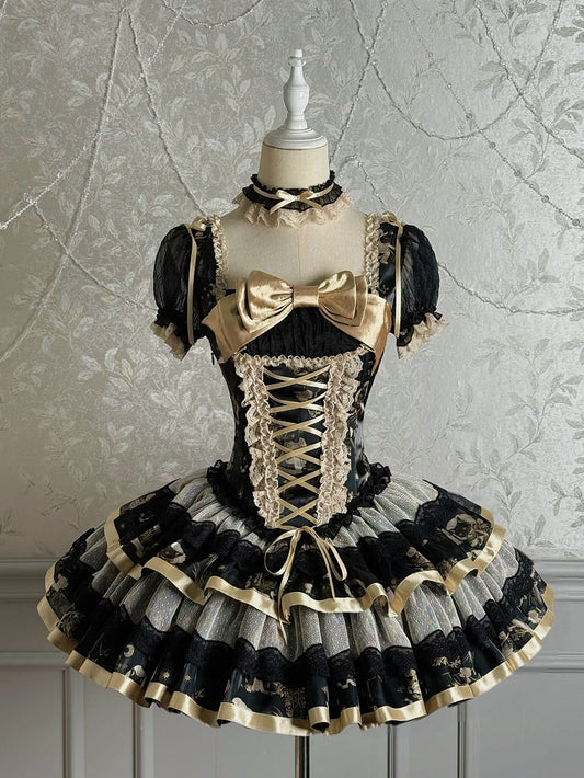 Bunny and Kitty Print Black and Gold Short Puff Sleeves Lolita Corset Dress