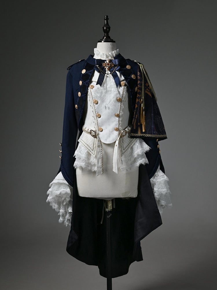 Ouji Fashion Lolita Knight Outfit - White Long Sleeves Top + Dark Blue One-shoulder Cape Tailcoat