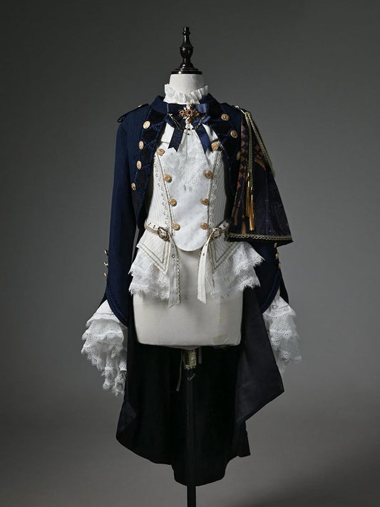 Ouji Fashion Lolita Knight Outfit - White Long Sleeves Top + Dark Blue One-shoulder Cape Tailcoat