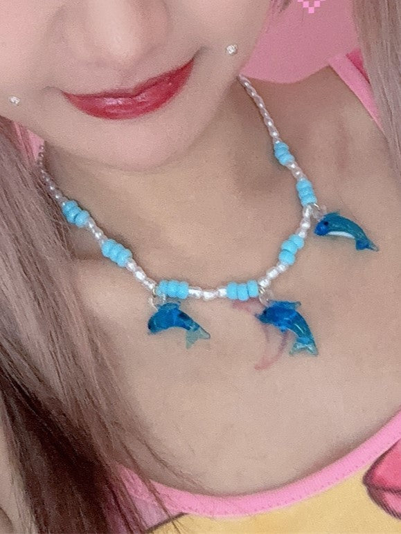 Blue Y2K Dolphin Pendant Beaded Necklace