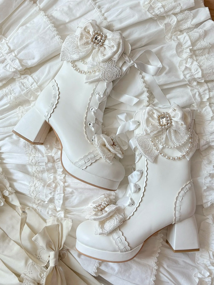 Delicate Bow, Elegant Lacing & Inner Side Zipper PU White Boots in Sweet Lolita