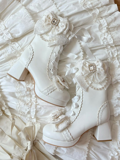 Delicate Bow, Elegant Lacing & Inner Side Zipper PU White Boots in Sweet Lolita