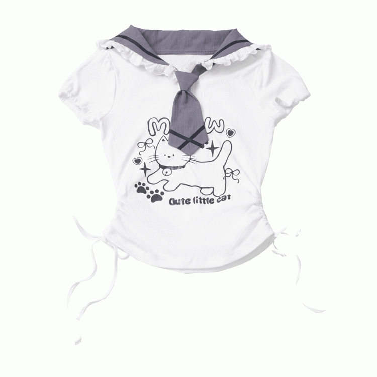 Kitty Ears Design Sailor Collar White Drawstring Side T-shirt with Free Armwear