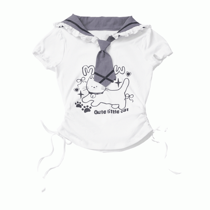 Kitty Ears Design Sailor Collar White Drawstring Side T-shirt with Free Armwear