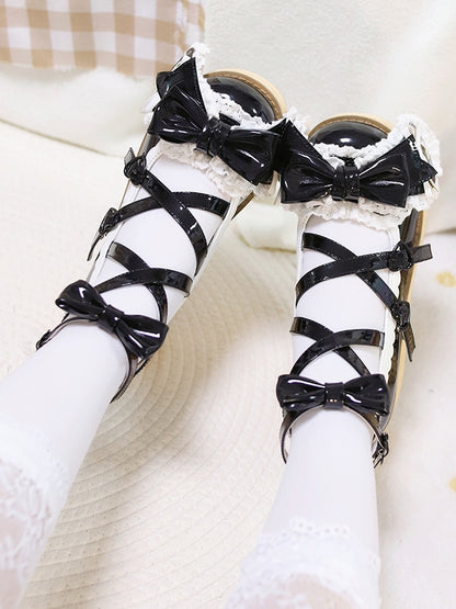 Polished Black Bunny Ear Bowknot Old School Sweet Lolita Platforms