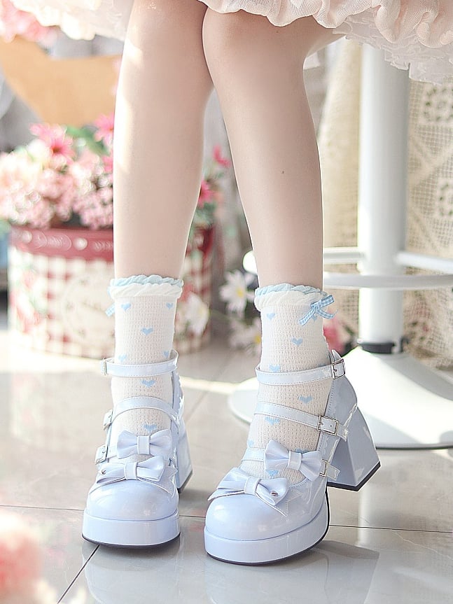 Bow Accents Blue High Block Heel Shoes