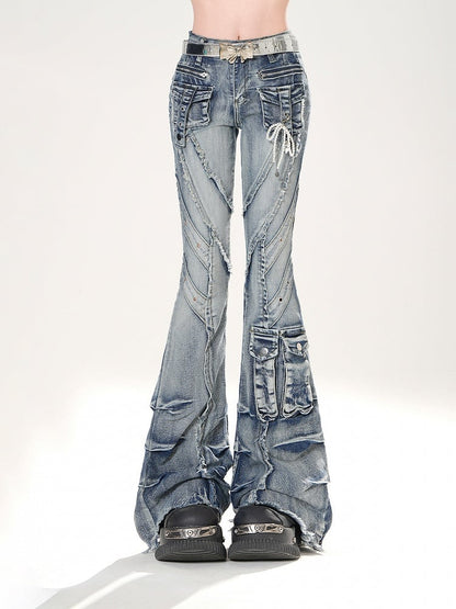 Blue Faded Wash Cargo Pockets Raw Hem Distressed Flared Jeans