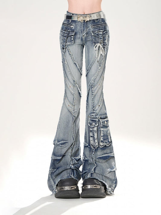 Blue Faded Wash Cargo Pockets Raw Hem Distressed Flared Jeans