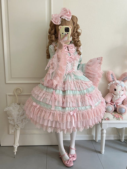 Green and Pink Tiered Ruffle Skirt Bows Decorated Long Bell Sleeves Lolita Dress