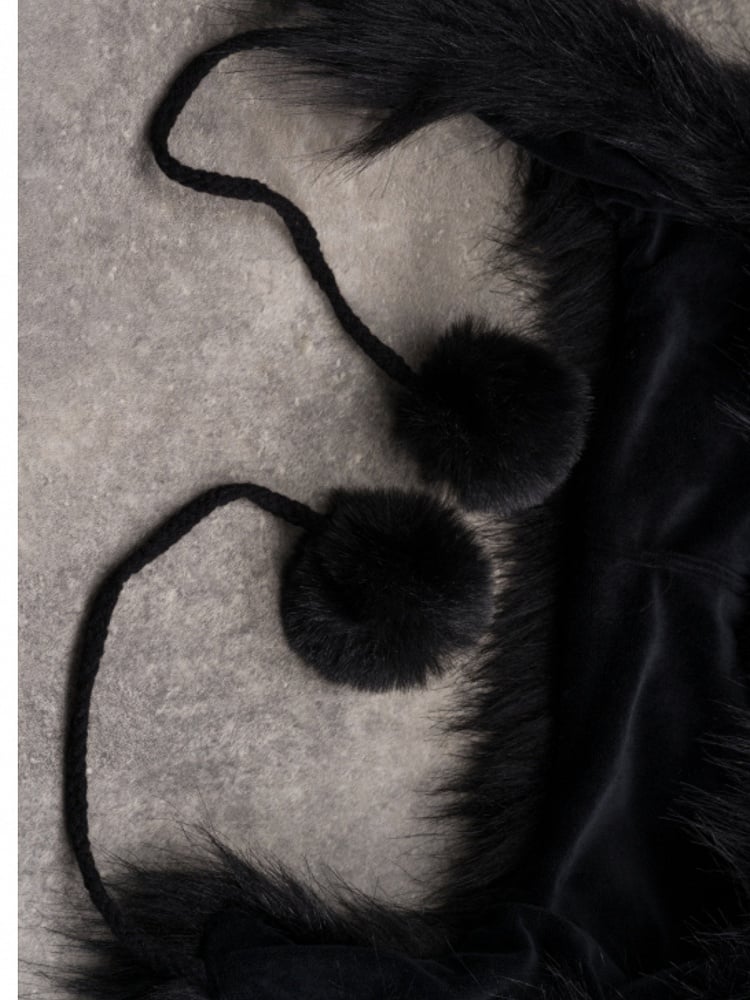 Black Gothic Pompon Charms Plush Cat Ear Hat With Pin Decorated Skeleton Applique Bone