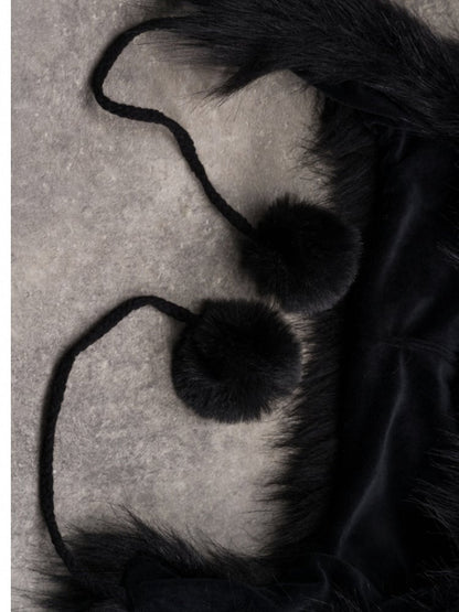 Black Gothic Pompon Charms Plush Cat Ear Hat With Pin Decorated Skeleton Applique Bone