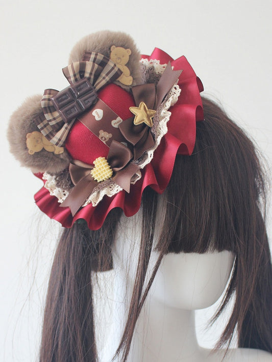 6 Color Options Chocolate Decorated Bowknot Details Plush Bear Ear Mini Hat