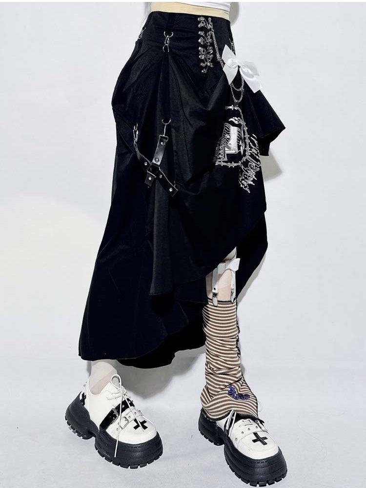Punk Black Pin Chain Asymmetrical Hem Kitty Print Detachable Bow Skirt