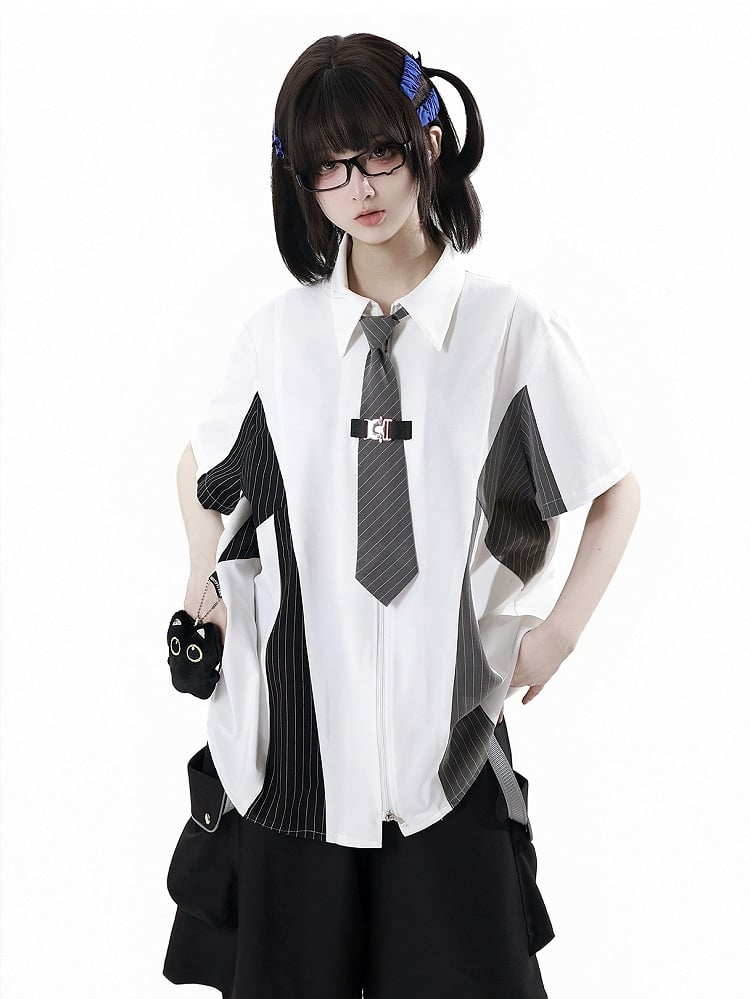 Black and Gray Striped Colorblock Design Techwear Zip-up Shirt with Free Kitty Plushie